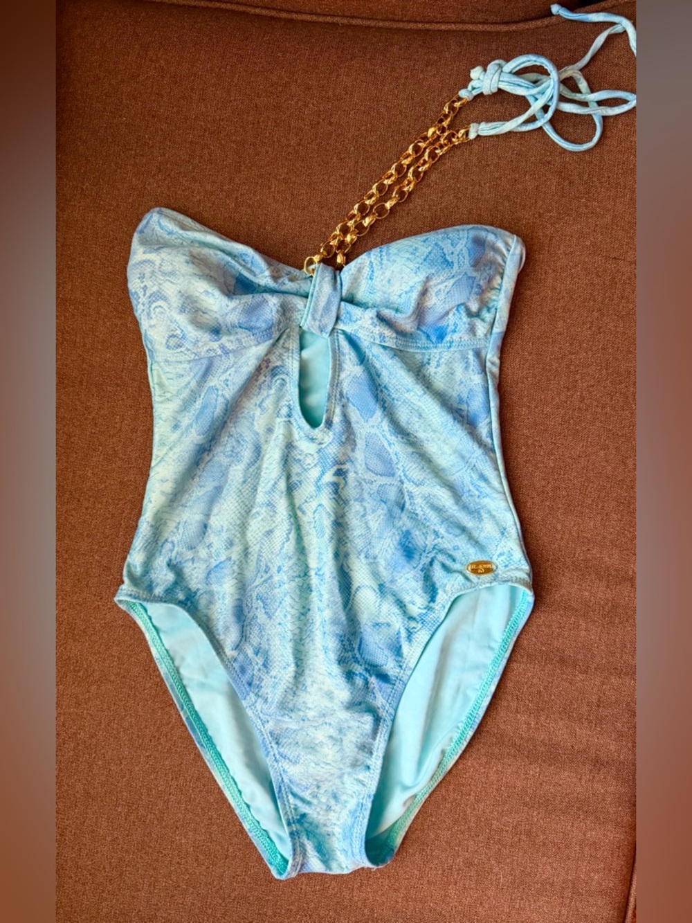 St. John Couture Light Blue & Aqua One-Piece Swimsuit with Chain Strap